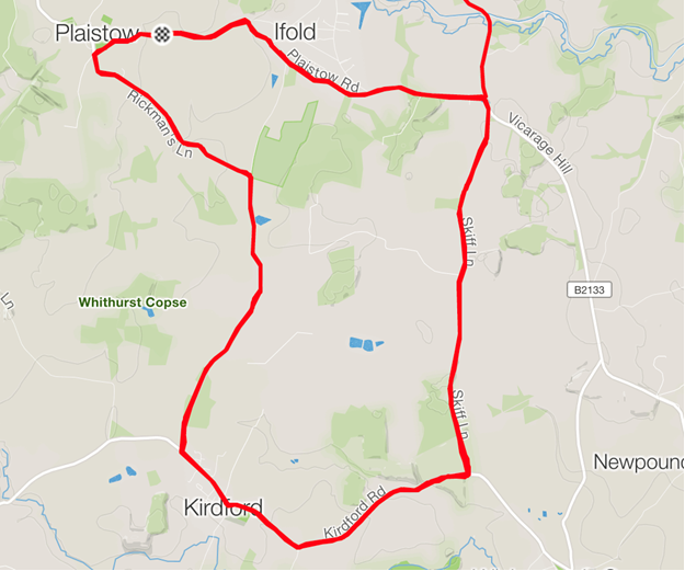 Map of cycle route around local roads in Loxwood, Ifold, Plaistow and Kirdford